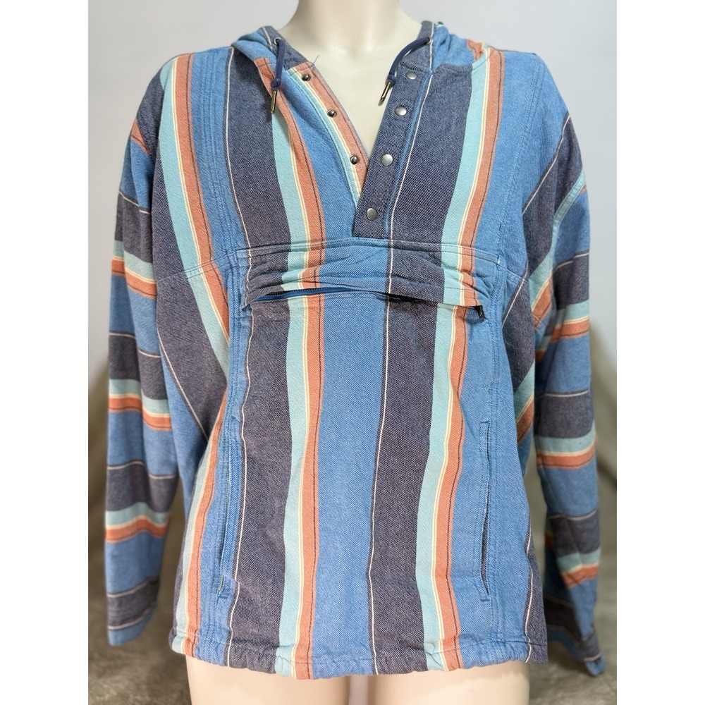 Vintage 90s No Boundaries Mens Large Striped Flannel Anorak Hoodie Surf Baja
